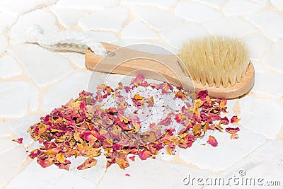 Bath salts and rose petal potpourri Stock Photo