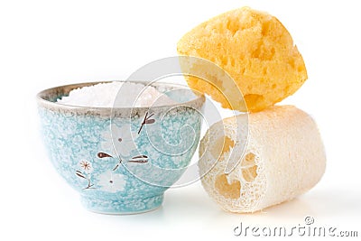 Bath salts and sponge Stock Photo