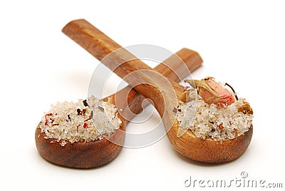 Bath salts on spoons Stock Photo