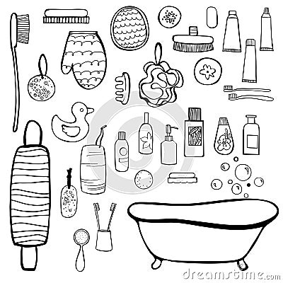 Bath set. Bathroom items. Vector sketch illustration Vector Illustration