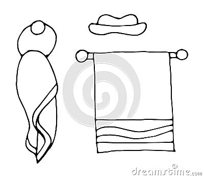 Bath set, multi-colored towels. Hand drawn doodle background. Hand drawn vector illustration Vector Illustration