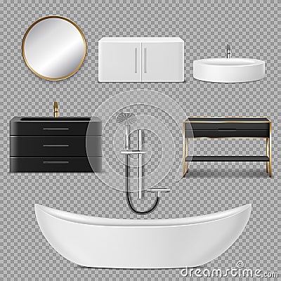 Bath, shower, mirror and sink icons for bathroom Vector Illustration