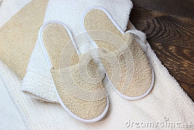 Bath slippers and bathrobe Stock Photo
