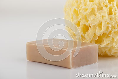 Bath sponge and natural soap Stock Photo