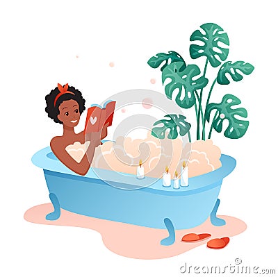 Bath time flat vector illustration, cartoon happy young woman character lying in bathtub, relaxing in bathroom at home Vector Illustration