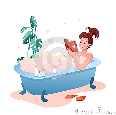 Bath time home spa flat concept vector illustration, cartoon pretty young woman character having relaxing bubble foam Vector Illustration