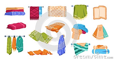 Bath towels. Beach and spa soft cotton towels in stack and rolled, hygiene and kitchen textile clothing for hands Vector Illustration