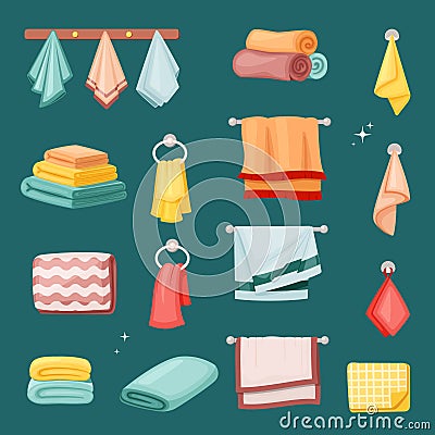 Bath towels and kitchen set. Textile colored fabric soft restaurants spa salons in hotels scented terry beach rough Vector Illustration
