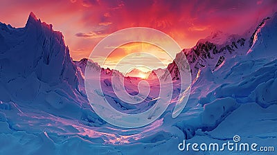 A beautiful winter landscape of snow-capped mountains at sunset Stock Photo