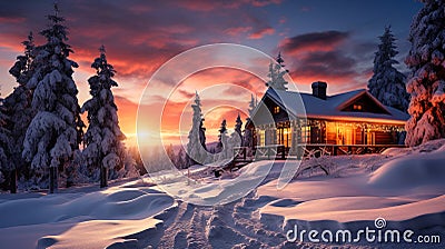 Sunset Serenity: Cabin's Festive Embrace Amidst Snow Stock Photo