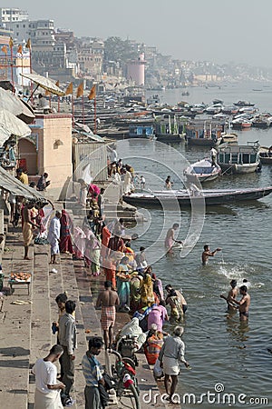 Varanasi, India, Hindu Bathers at River Ganges Editorial Stock Photo