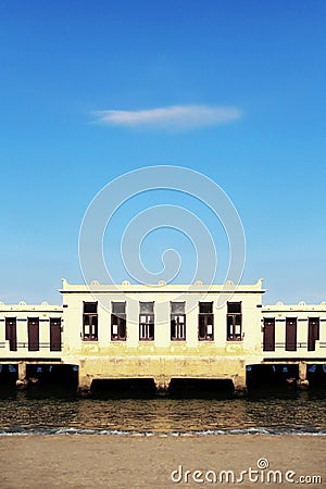 Bathhouse, cabins on the sea, symmetric Stock Photo