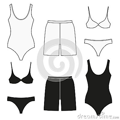 Bathing clothes for women and men. Set of flat isolated icons Vector Illustration