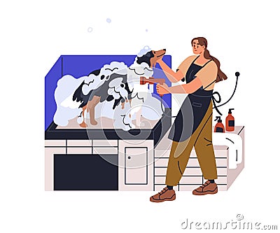 Bathing dog at canine beauty salon. Grooming, washing doggies hair, coat with shampoo, soap, water shower at groomers Vector Illustration