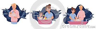 Bathing feeding and swaddling a baby Vector Illustration