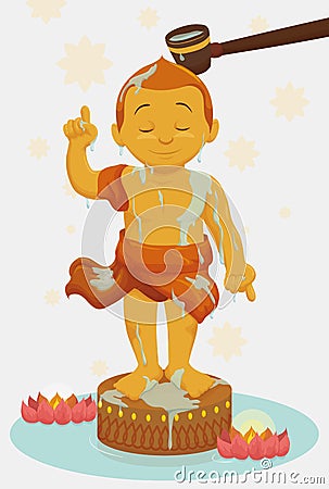 Bathing Golden Statue of Child Buddha in Vesak, Vector Illustration Vector Illustration