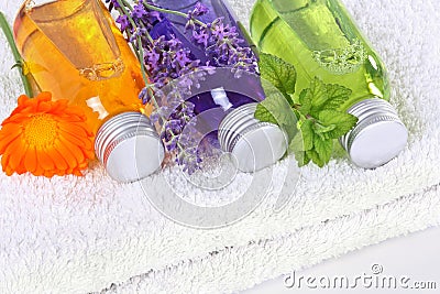 Bathing oil, calendula, lavender, melissa Stock Photo