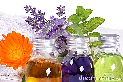 Bathing oil, calendula, lavender, melissa Stock Photo