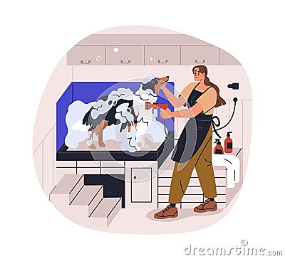 Bathing, washing dogs hair with canine shampoo, soap in grooming salon. Cleaning doggy fur, coat with water shower Vector Illustration