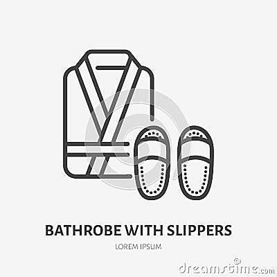 Bathrobe with slippers flat line icon. Spa hotel service vector illustration. Thin sign of home textile, robe pictogram Vector Illustration