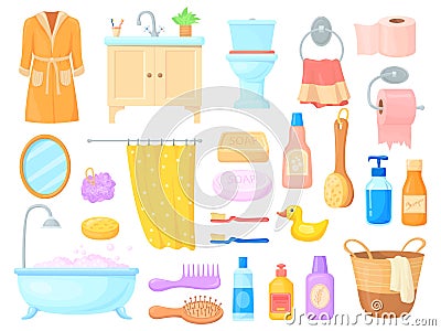 Bathroom accessories cartoon. Bath accessory soap toothbrush sink towel comb brush hair bathrobe sponge shampoo, bathtub Vector Illustration