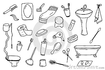 Bathroom accessories collection. Doodle style. Vector Illustration