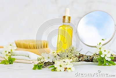 Bathroom accessories, natural cosmetic product, serum, massage, aroma, essential Stock Photo