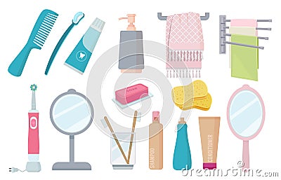 Bathroom accessories. Toothbrush paste hygiene towel cream comb vector colorful items Vector Illustration