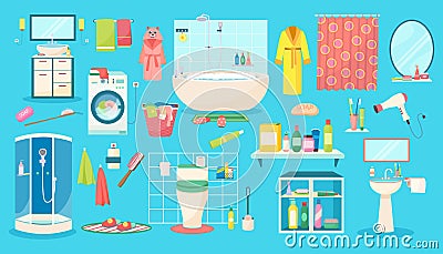 Bathroom accessories vector illustration set, cartoon flat bath accessory collection of personal hygiene care items Vector Illustration