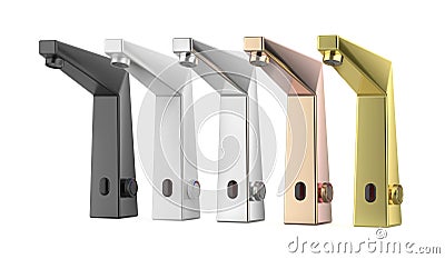 Bathroom automatic sensor faucets with different colors and materials Stock Photo