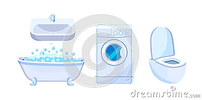 Bathroom with bath accessories. Sink with mixer, bathtub with water bubbles, washing machine, toilet. Vector Illustration