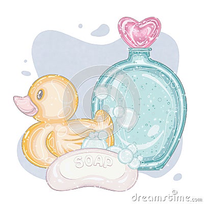 Bathroom and bathing set, rubber duck, soap, shampoo bottle, soap bubbles Cartoon Illustration