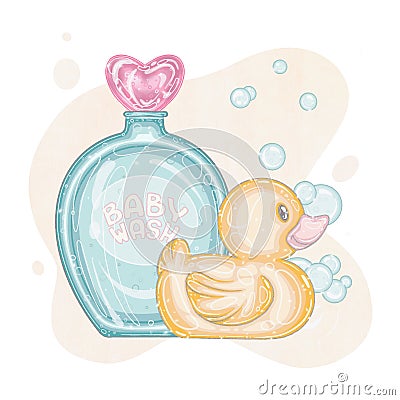 Bathroom and bathing set, yellow rubber duck, soap bottle, shampoo bottle, soap bubbles Cartoon Illustration
