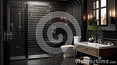 bathroom black subway tile Cartoon Illustration