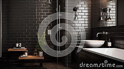 bathroom black subway tile Cartoon Illustration