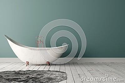 Bathroom with carpet, wooden floor and rough wall Stock Photo