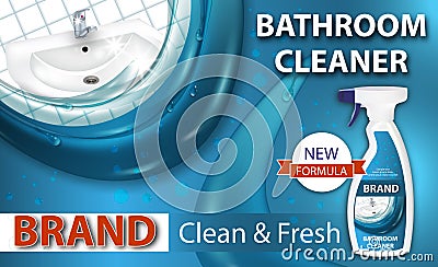 Bathroom cleaner killing bacteria. Plastic spray bottle with detergent. Cleaning of ceramic sink. Ad design template, 3d Vector Illustration