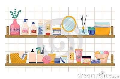 Bathroom cosmetics shelves. Body, skin and hair cares accessories, beauty products, cream cute jars, shampoo and shower Vector Illustration