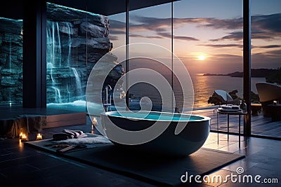 Bathroom design planning, luxury style flawless , relaxing place with a view of the sea scenery, magnificent original Stock Photo