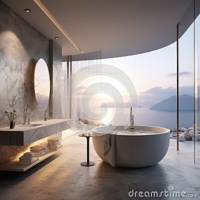 Bathroom design planning, luxury style flawless , relaxing place with a view of the sea scenery, magnificent original Stock Photo