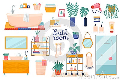 Bathroom elements. Hygiene products and interior accessories, wet room, comfort and home spa treatments, shower cabin Vector Illustration