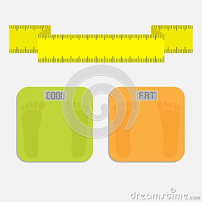 Bathroom floor electronic weight scale with word fat. Yellow measuring tape. Flat design style. Vector Illustration