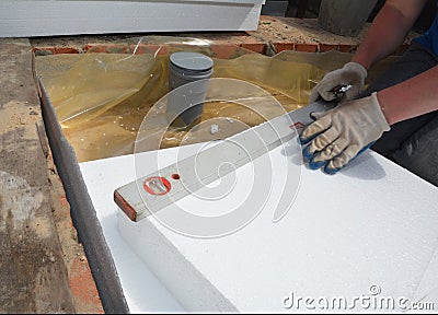 Bathroom floor layers construction with waterproofing membrane, styrofoam insulation and sewer pipe Stock Photo