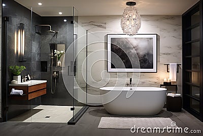 A bathroom with a freestanding soaking tub, glass-enclosed shower, and heated floors for ultimate comfort. Stock Photo