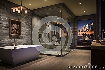 A bathroom with a freestanding soaking tub, glass-enclosed shower, and heated floors for ultimate comfort. Stock Photo