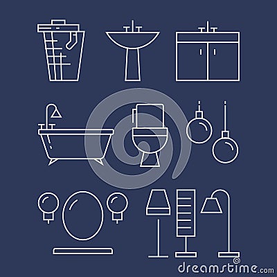 Bathroom furniture and accessories line icons set Vector Illustration