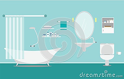 Bathroom with furniture interior on background blue Flat style Vector Illustration