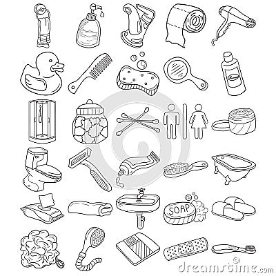 Bathroom Hand Drawn Doodle Line Art Outline Set Vector Illustration