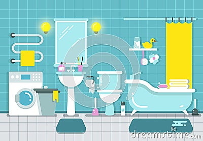 Bathroom home interior with shower, bath and washbasin vector illustration Vector Illustration