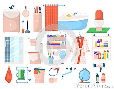 Bathroom hygiene accessories, bath personal care spa elements set isolated on white vector illustrations. Toiletries set Vector Illustration